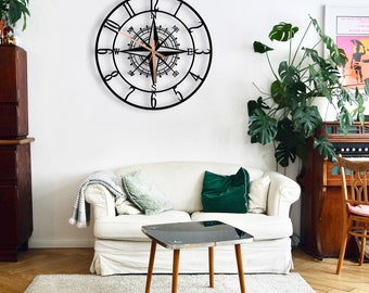 Unique Latin Numeral Compass Metal Wall Clock, Modern Wall Clock, Extra Large Silent Metal Wall Clock, Outdoor Wall Clock, Housewarming Gift