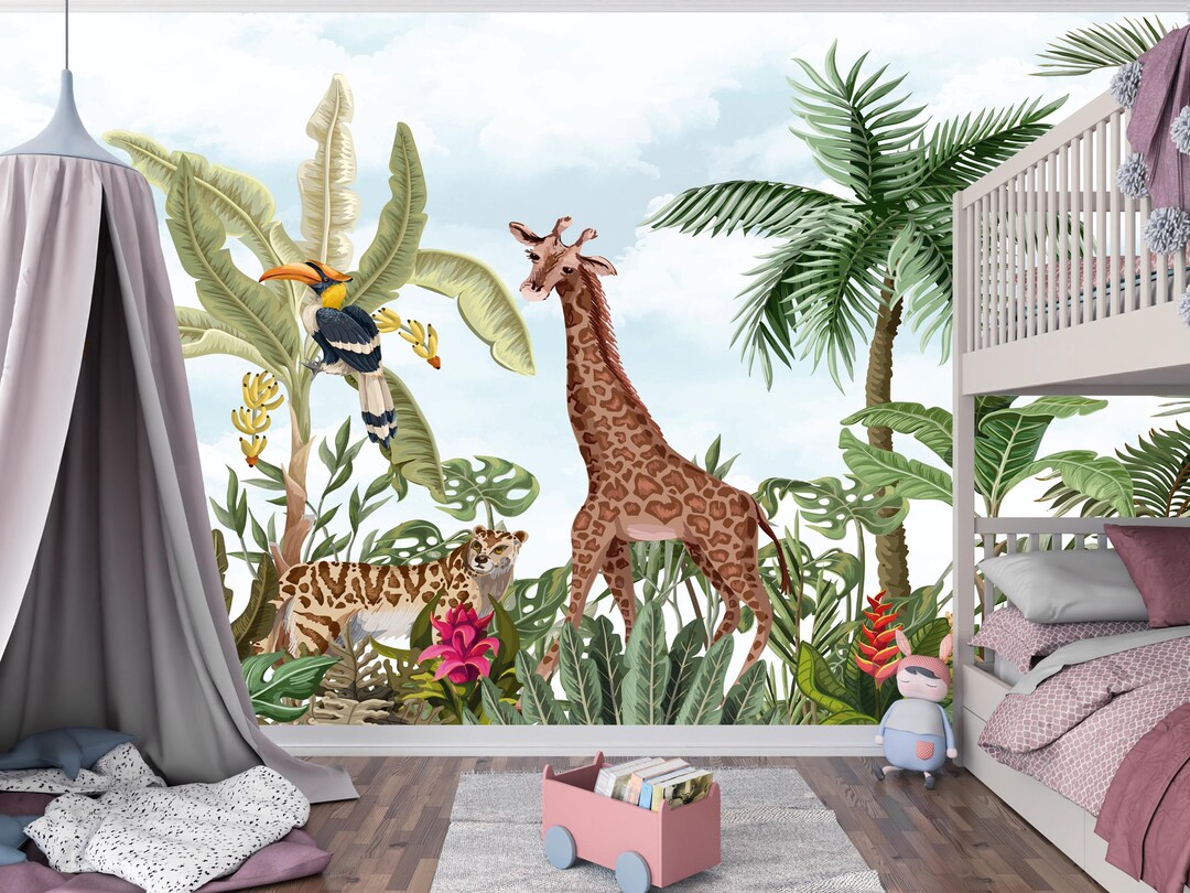 Safari Jungle Animals Peel and Stick Wallpaper, Nursery Mural, Kids ...