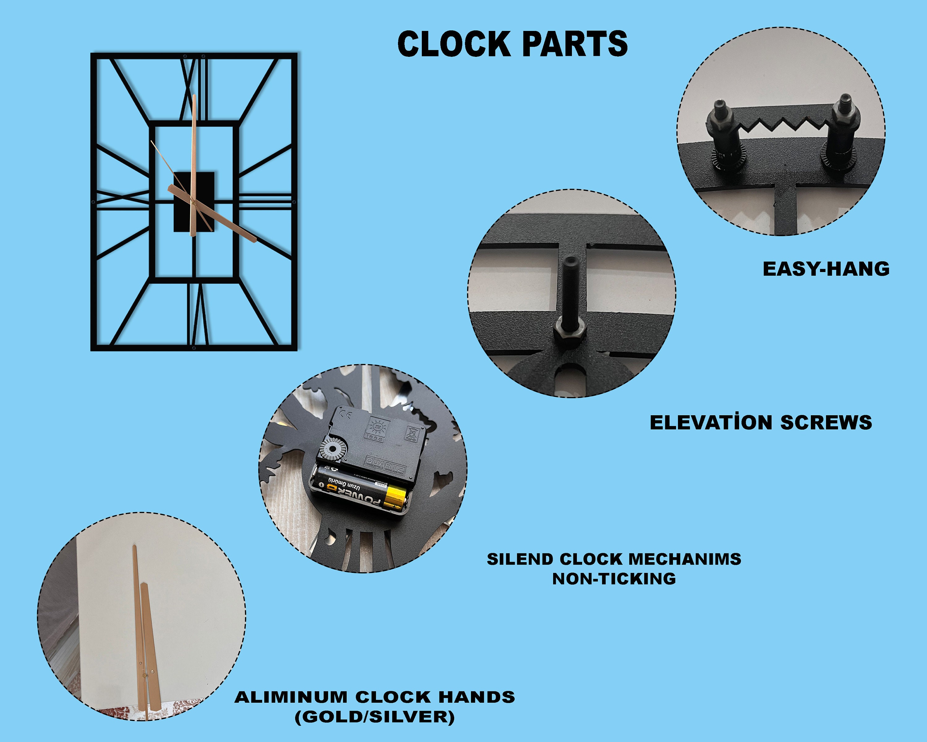 Rectangle Modern Metal Wall Clock, Unique Roman Numeral Large Wall ...