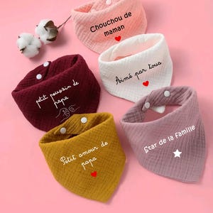 K&ouml;nnte beinhalten: F&uuml;nf Baby-L&auml;tzchen in verschiedenen Farben: Rosa, Wei&szlig;, Burgunderrot, Gelb und Lavendel. Jedes L&auml;tzchen hat einen franz&ouml;sischen Text und einen Druckknopfverschluss. Auf rosa Hintergrund.