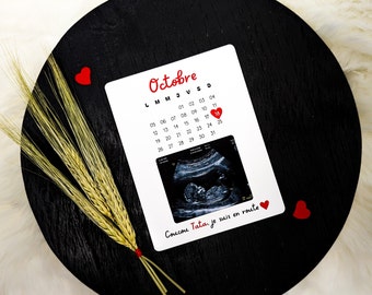 Tarjeta de anuncio de embarazo personalizada - Calendario y ecografía.