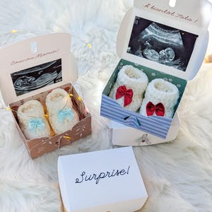 Chaussons miniatures avec échographie et message personnalisables pour annonce de grossesse- Boite surprise pour annonce de grossesse.