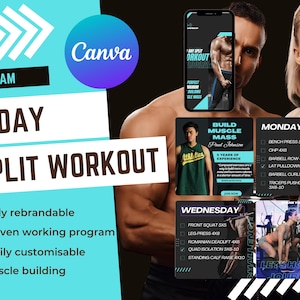 4-Day Split Workout Program, Muscle build, Advanced Program Template Health and Fitness Coaches, Ebook Template for Canva, Coaching Template