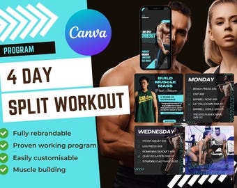 4-Day Split Workout Program, Muscle build, Advanced Program Template Health and Fitness Coaches, Ebook Template for Canva, Coaching Template