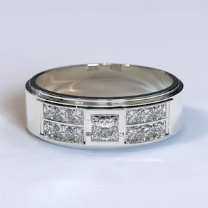 Mens Moissanite Wedding Band 925 Sterling Silver Round Cut Masculine Ring Unique Gift for Him