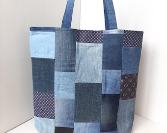 Recycled Denim Patchwork Tote Bag: Eco-Friendly Handmade Shopping Bag