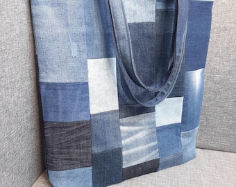 Borsa tote in denim riciclato patchwork: borsa per la spesa ecologica fatta a mano