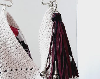 Burgundy Leather Tassel Bag Charm: Handmade Purse Accessory