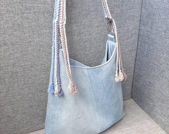 Recycled Denim Handmade Shoulder Bag: eco-friendly crossbody bag with a beige blue crochet strap.
