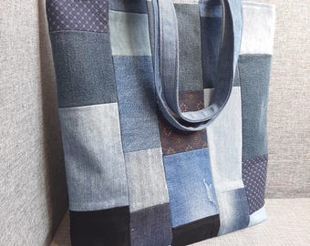 Borsa tote in denim riciclato patchwork: borsa per la spesa ecologica fatta a mano