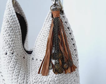 Leather Tassel Bag Charm: Bronze Chain & Coin Keychain