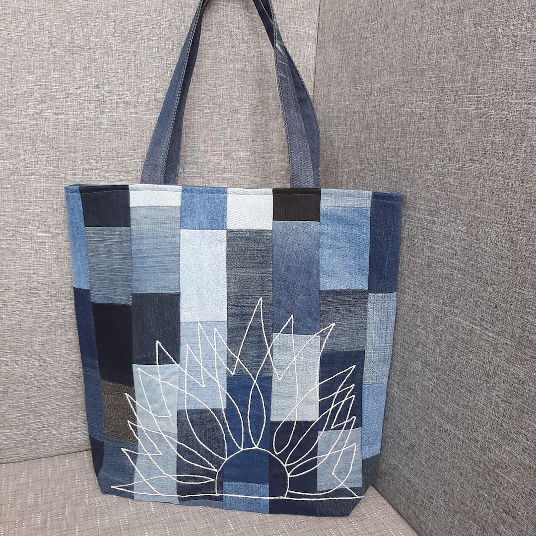 Upcycled Patchwork Denim Tote Bag, Handmade Sustainable Shoulder Bag ...