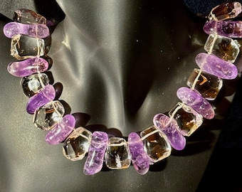 Large Amethyst and Rock Crystal Necklace with Large Belt Ring Sterling Silver Clasp - Stunning