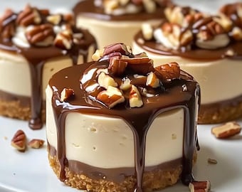 No-Bake Turtle Mini Cheesecakes Recipe: Chocolate Pecan Dessert (Instant Download PDF)