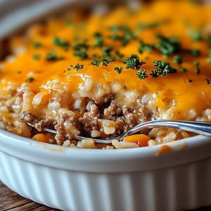 BEST RECIPE Cheddar-Crusted Ground Beef and Rice Casserole | Comfort Food Recipe | Printable Recipe | Download Pdf