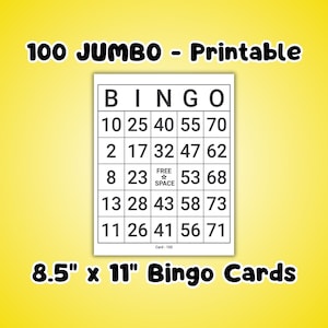 Bingo Cards, 100 Unique Jumbo Printable - Instant PDF Download | Bingo Game Set, Bingo Supplies, Fun for All Ages