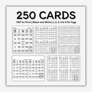 250 Bingo Cards | Printable Set | Black and White Edition | 1, 2, 4, 6, or 9 cards per page | Easy-to-print | New inventory, no repeats