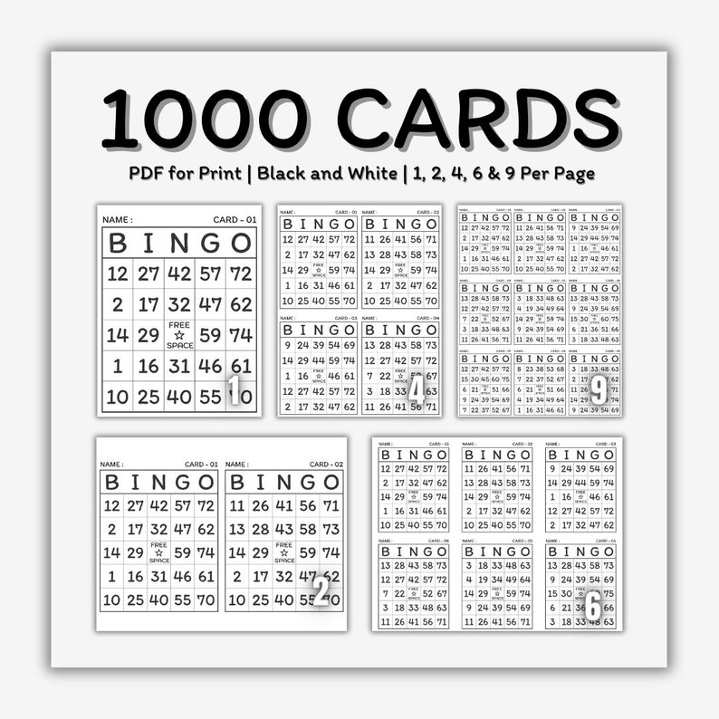 1000 Bingo Cards | Printable Set | Black and White Edition | 1, 2, 4, 6 ...