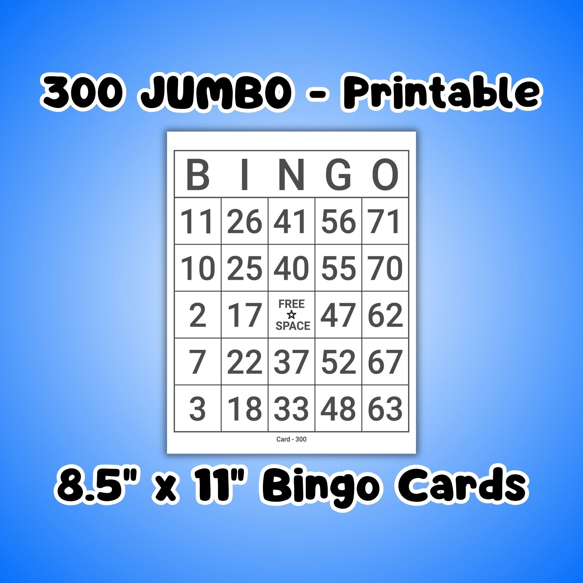 Bingo Cards, 300 Unique Jumbo Printable - Instant PDF Download