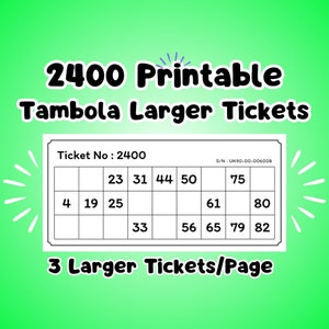 2400 Tambola Tickets, Housie, Indian Bingo Printable, 800-Page Transparent PDF (3 Larger Tickets/Page) with Bonus: Tambola Score Sheets