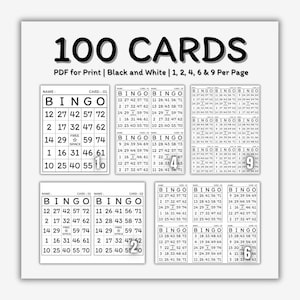 100 cartes de bingo | Ensemble imprimable | Édition noir et blanc | 1, 2, 4, 6 ou 9 cartes par page | Facile à imprimer | Nouvel inventaire, aucune répétition