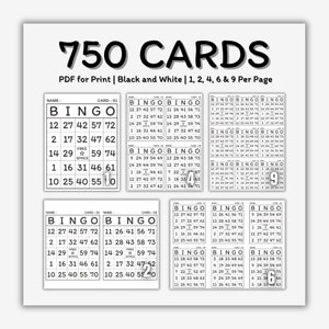 750 bingokaarten | Afdrukbare set | Zwart-witeditie | 1, 2, 4, 6 of 9 kaarten per pagina | Gemakkelijk af te drukken | Nieuwe voorraad, geen herhalingen