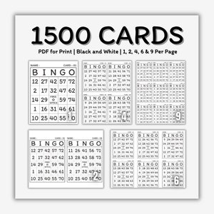 1500 Bingo Cards | Printable Set | Black and White Edition | 1, 2, 4, 6, or 9 cards per page | Easy-to-print | New inventory, no repeats