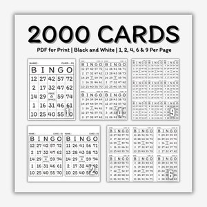2000 Bingo Cards | Printable Set | Black and White Edition | 1, 2, 4, 6, or 9 cards per page | Easy-to-print | New inventory, no repeats