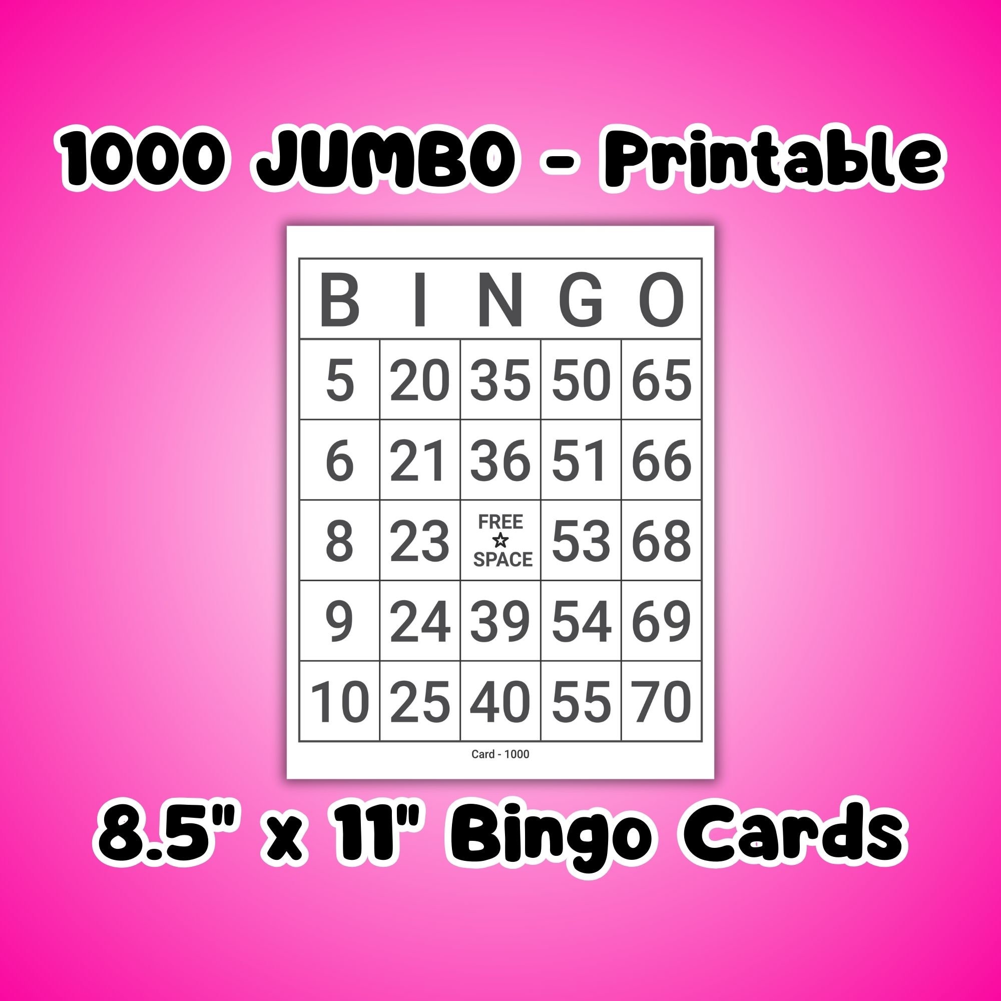 Bingo Cards, 1000 Unique Jumbo Printable - Instant PDF Download | Bingo ...
