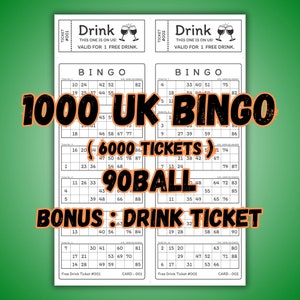 UK Style Bingo 1-90 Ball, 500 Pages, 1000 Cards, Bonus : Drink Ticket, perfect for your bingo game night!
