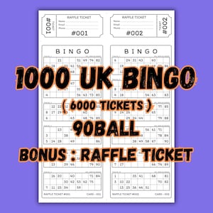 UK Style Bingo 1-90 Ball, 500 Pages, 1000 Cards, Bonus : Raffle Ticket, perfect for your next bingo game night!