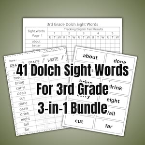 May include: Black and white printable worksheets for 41 Dolch sight words for 3rd grade. The worksheets include a "trace" and "write" section for each word. The title of the worksheet is "41 Dolch Sight Words for 3rd Grade 3-in-1 Bundle".