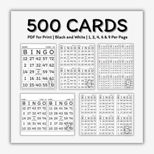 500 Bingo Cards | Printable Set | Black and White Edition | 1, 2, 4, 6, or 9 cards per page | Easy-to-print | New inventory, no repeats
