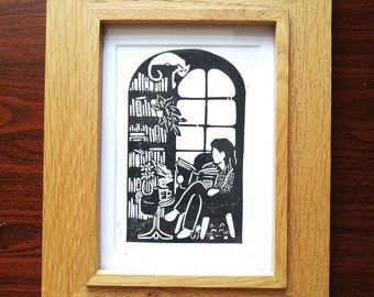 Reading Nook Handprinted Linocut A6