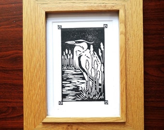 Heron and Reeds Handprinted Linocut A6