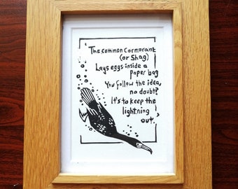 Cormorant Poem Handprinted Linocut Print A6