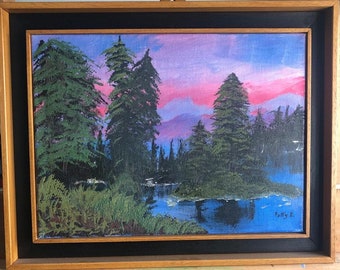 Acrylic Painting - The Pine Forest in Nature - Tall Trees Lake - Framed Art