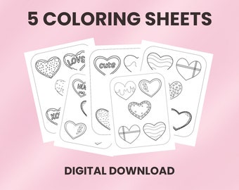 Sweet Cookie Hearts Coloring Sheets with 5 hearts per page as a Valentine's Day Activity for kids, couples and even families by DOPI