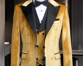 Gold Velvet Three Piece, Peak Lapel Men’s Groom Suit, Yellow Men's Velvet Tuxedo, Velvet Mens Tuxedo Coat With, Men Slim Fit Wedding Suit,