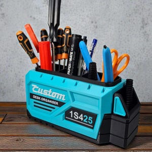 May include: A custom-designed desk organizer in a vibrant teal and black color scheme. The organizer is filled with various tools, pens, and scissors. The text "Custom DESK ORGANISER 1S425" is visible on the front.