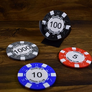 Może przedstawiać: Żetony do pokera w kolorach czarnym, szarym, czerwonym i niebieskim, z napisem "Charlie's Poker Club" i wartościami 5, 10, 100 i 1000. Jeden czarny żeton jest prezentowany w stojaku. Na drewnianym tle.