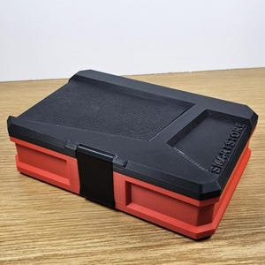 May include: A red and black plastic storage box with the text "SMARTSTORE" printed on the side.