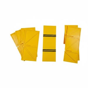 May include: A collection of bright yellow plastic components including several rectangular panels with diagonal embossed lines and a central vertical strip featuring two sets of double black horizontal bands across its surface.