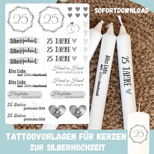 Digital candle tattoo template silver wedding, silver wedding, 25 years married couple, template water slide film for candles, download