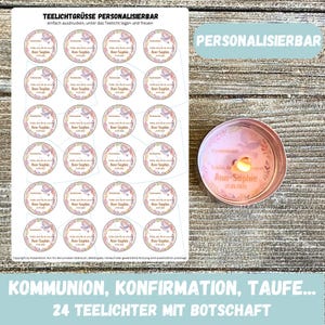 Puede incluir: Veinticuatro etiquetas de luz de té personalizadas con un diseño floral y el texto "Schón, dass du da bist!" Las etiquetas están impresas en papel blanco y presentan una paloma con una corona de flores. Las etiquetas están diseñadas para usarse con luces de té para una ocasión especial como una comunión, confirmación o bautismo.