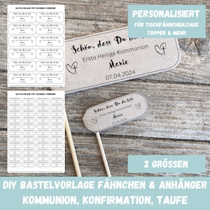 May include: Printable DIY templates for making flags and pendants for a communion, confirmation, or baptism. The templates feature a light brown background with the text "Schön, dass Du da bist" (German for "It's nice that you are here") and "Erste Heilige Kommunion" (German for "First Holy Communion"). The templates also include a heart and the date "07.04.2024".