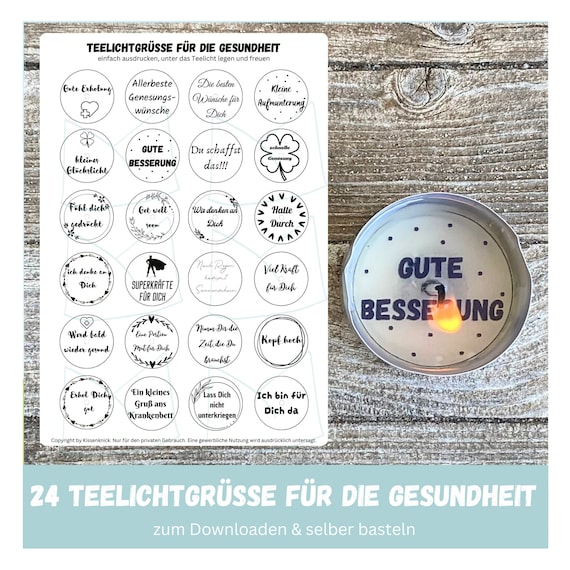 24 Teelichtgrüße für die Gesundheit, Teelicht Botschaft, Teelichtbotschaften Gute Besserung, Besserungswünsche, Kerzentattoo, Download
