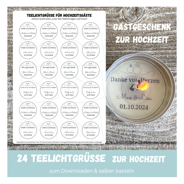 Personalisierbar. 24 Teelichtgrüße für Hochzeitsgäste, Teelicht Botschaft, Kerzentattoo, Gastgeschenk für Hochzeit, Download