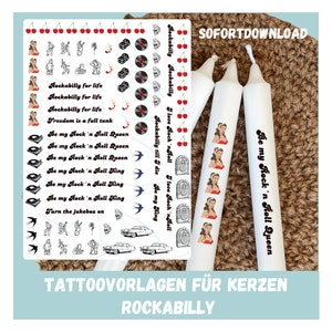 Könnte beinhalten: Eine Sammlung von temporären Tattoo-Designs im Rockabilly-Stil und weißen Kerzen. Die Tattoos zeigen klassische Rockabilly-Bilder, darunter Kirschen, Oldtimer und Pin-up-Girls. Die Kerzen sind mit Pin-up-Girl-Bildern und dem Schriftzug "Be my Rock 'n Roll Queen" verziert.