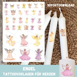 May include: A sheet of angel stickers for candles. The sheet features 36 different angel designs in various colours, including pink, yellow, blue, and white. The angels are depicted with wings, halos, and various poses. The text "Engel Tattoovorlagen für Kerzen" is printed at the bottom of the sheet.